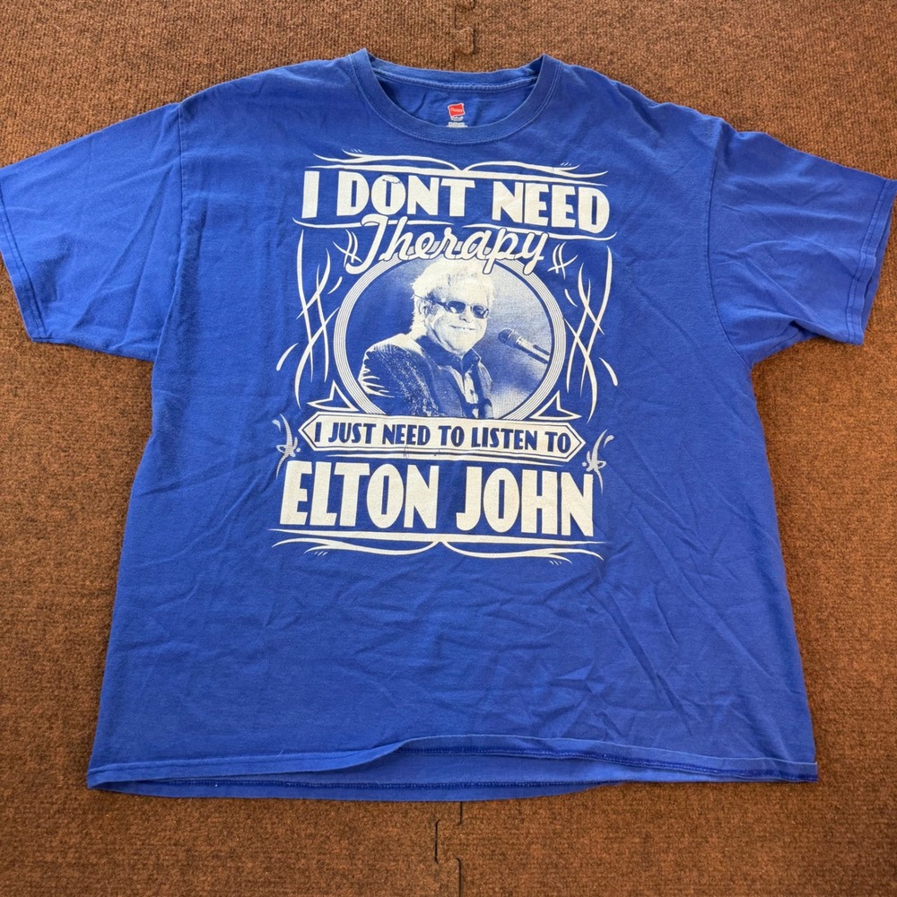 Hanes Elton John I Dont Need Therapy Blue Graphic T-Shirt Mens XL Short Sleeve